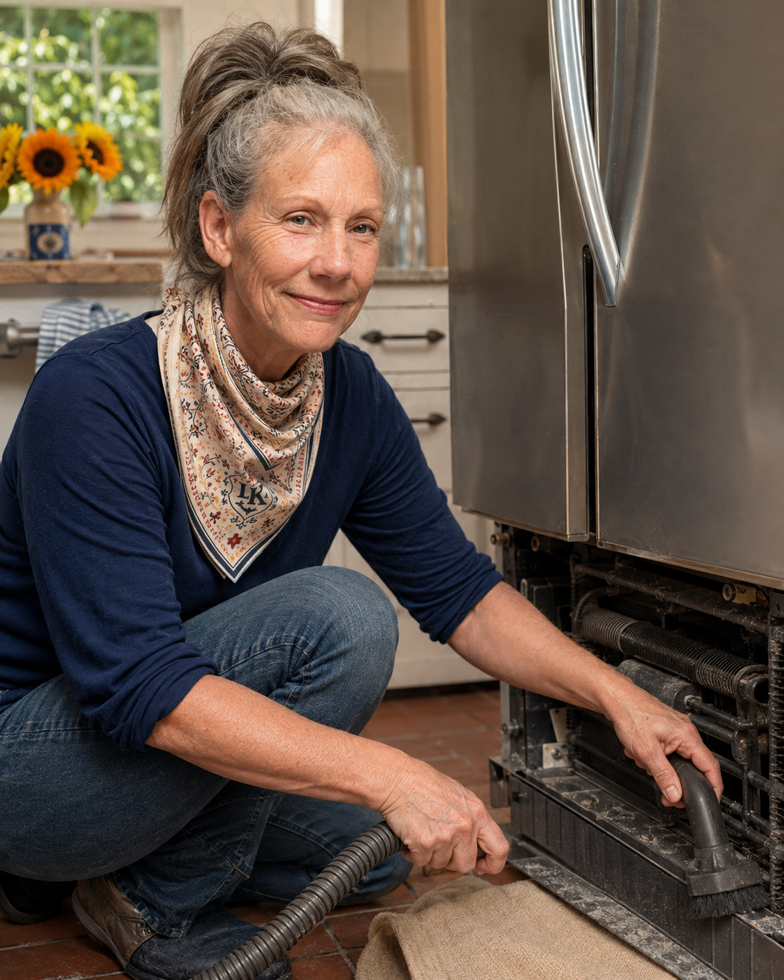 LaLa crouched on a kitchen floor, vacuuming dust out of a refrigerator's condenser coils with a brush attachment