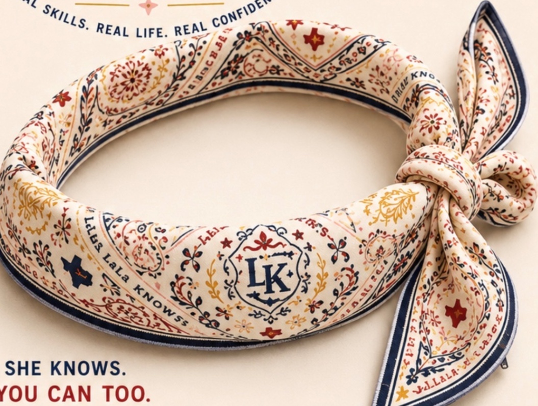 The LaLa Knows cooling bandana knotted, in cotton cream with barn red, ranch blue and Texas yellow print