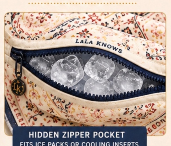 Hidden zipper pocket in the bandana holding ice